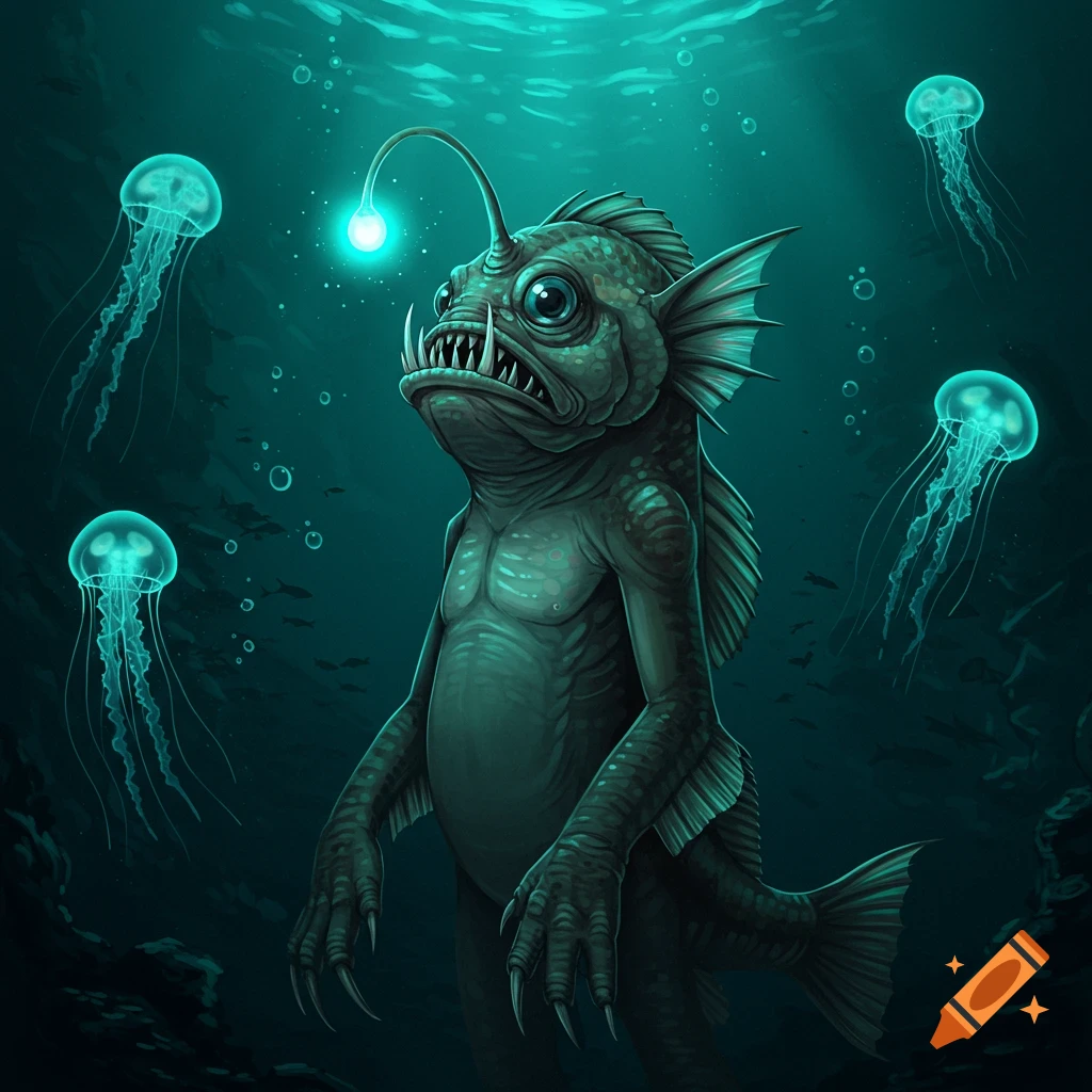 Stylized illustration of an anthropomorphic anglerfish with a glowing lure, surrounded by luminous jellyfish in dark blue water.