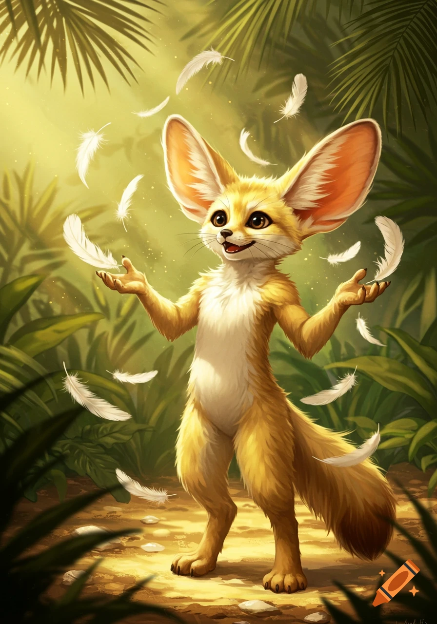 A cute, smiling humanoid fennec fox stands in a lush jungle with white feathers floating around its raised hands, digital art.