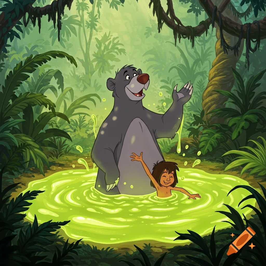 Cartoon Mowgli and Baloo splashing in bright green slime in a vibrant jungle setting.