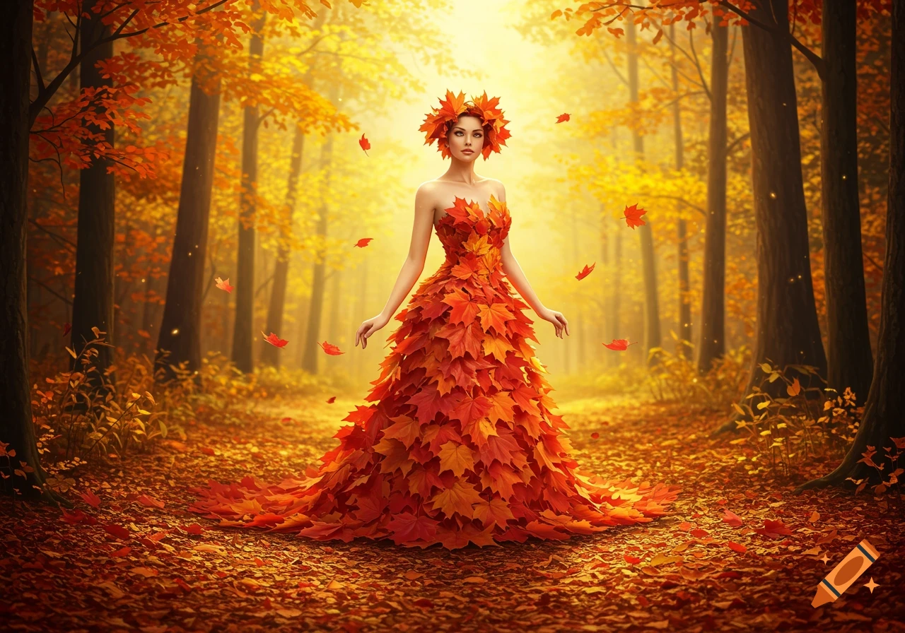 A woman in a vibrant red and orange leaf dress and crown stands in a sunlit autumn forest.