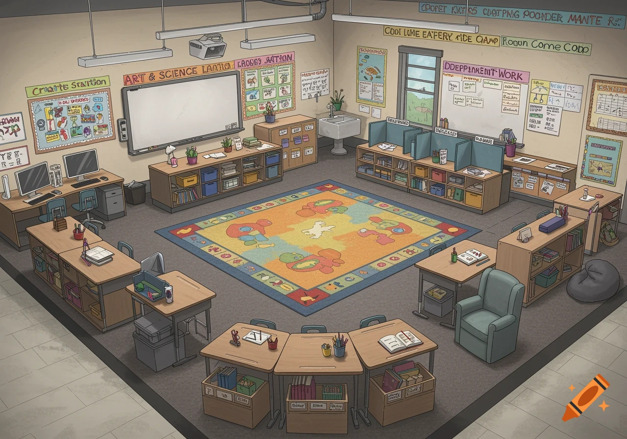 An overhead view of a colorful, organized elementary classroom with different activity zones, desks, computers, and a large central rug.