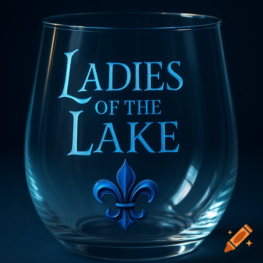 Close-up of a clear stemless wine glass with glowing blue text 'LADIES OF THE LAKE' and a matching fleur de lis symbol.