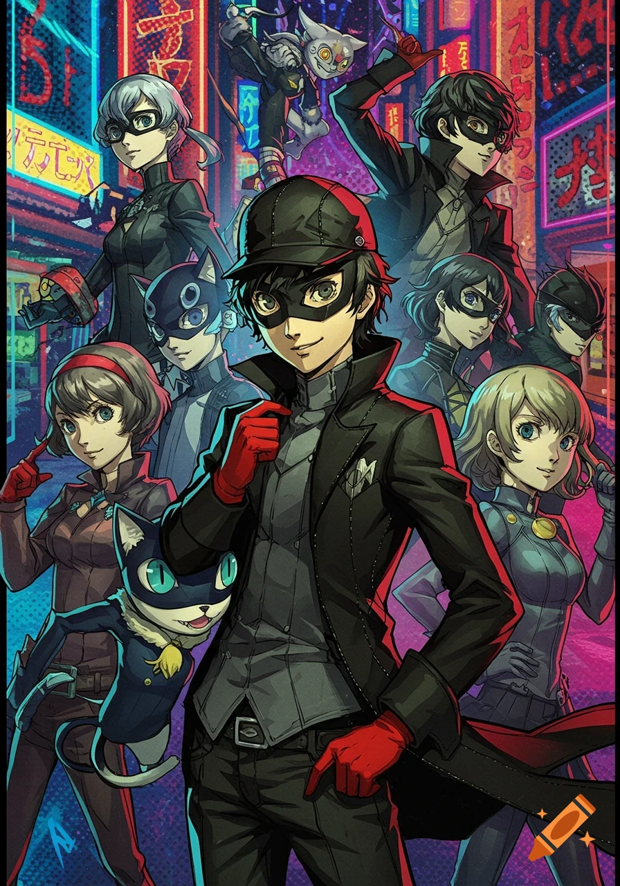 A group of Persona 5 anime characters, including Joker, strike poses against a vibrant, neon-lit city background.