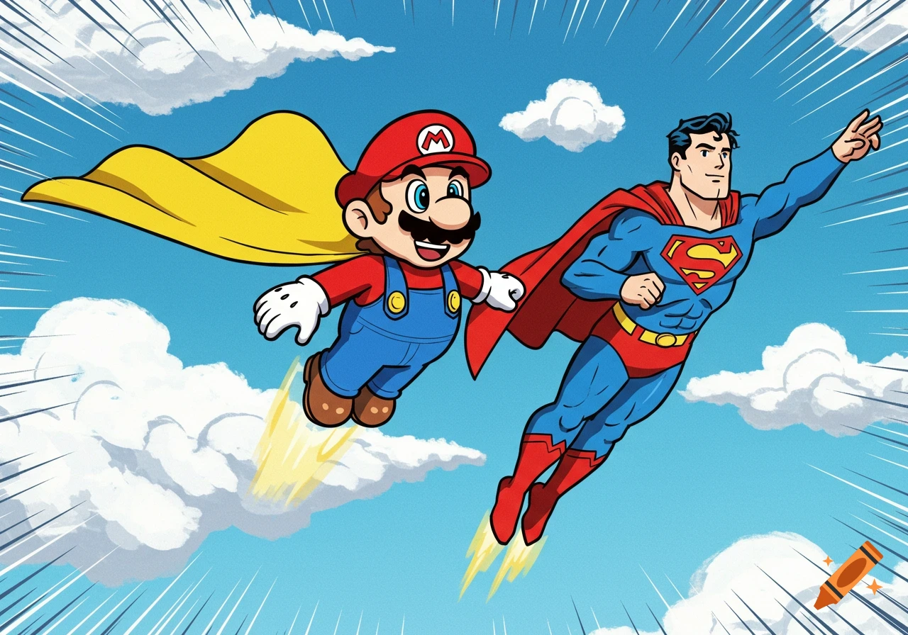 Comic book illustration of Super Mario with a yellow cape flying alongside Superman in a blue sky with clouds.