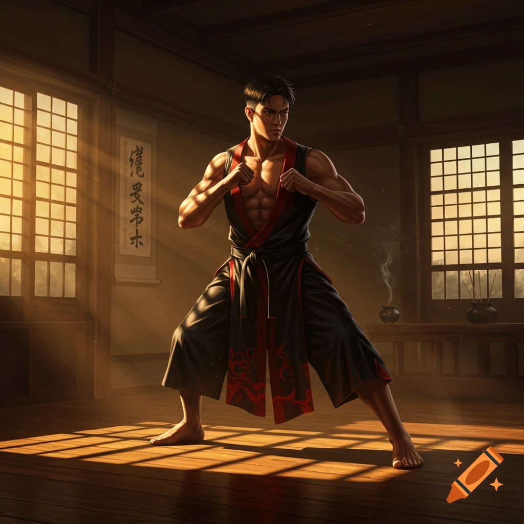A muscular male fighter in a black and red gi poses in a sunlit dojo.