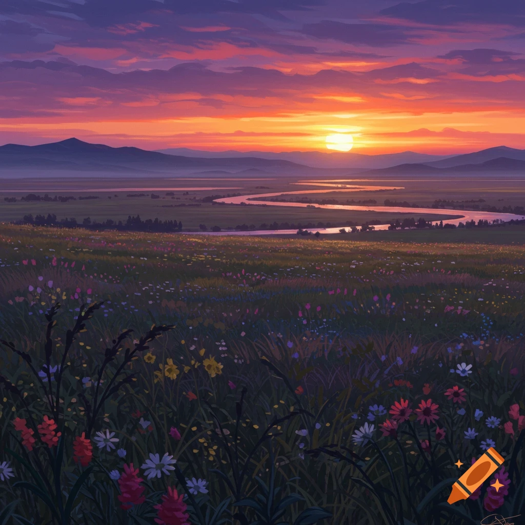 Vibrant sunset over a winding river through a wildflower field, with distant mountains, in a painterly style.