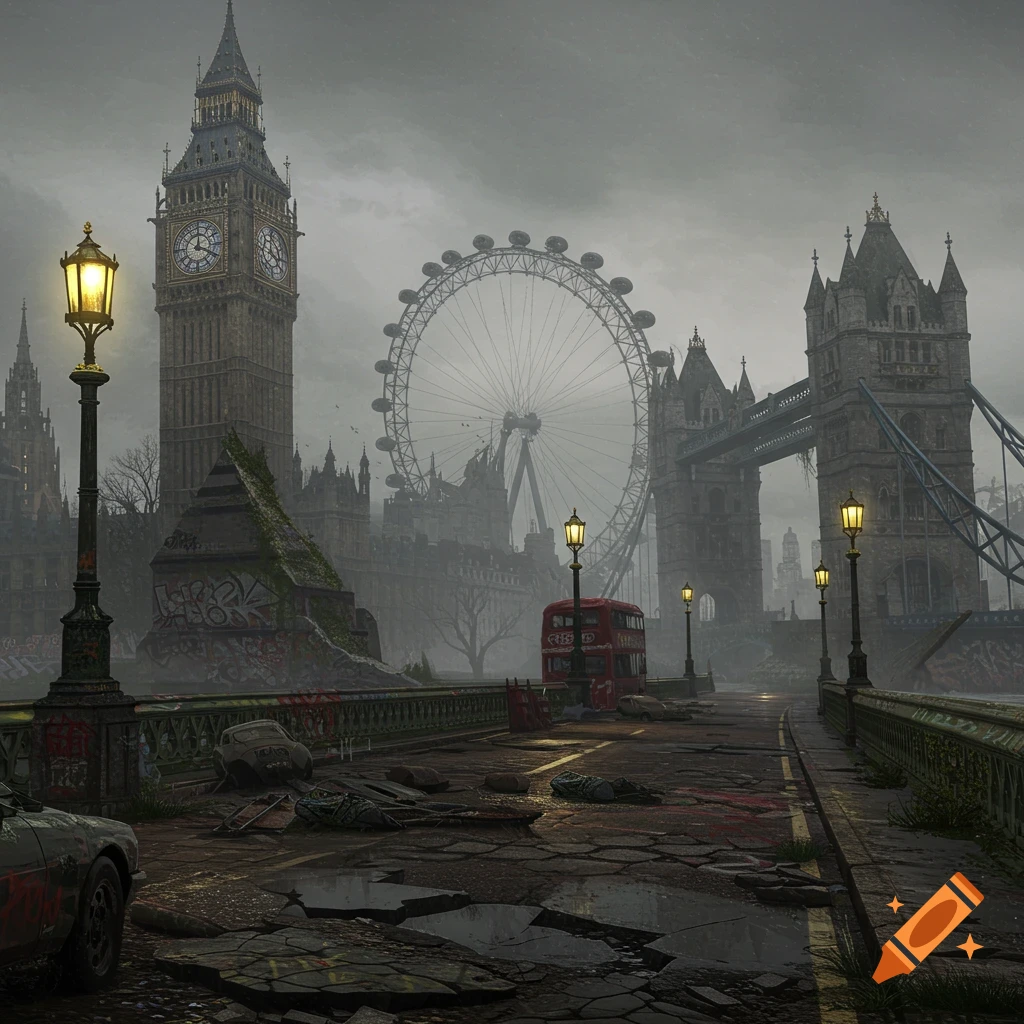 A dark, dystopian view of London with Big Ben, the London Eye, and Tower Bridge, set against a gloomy sky, showing decayed roads, graffiti, and abandoned vehicles.