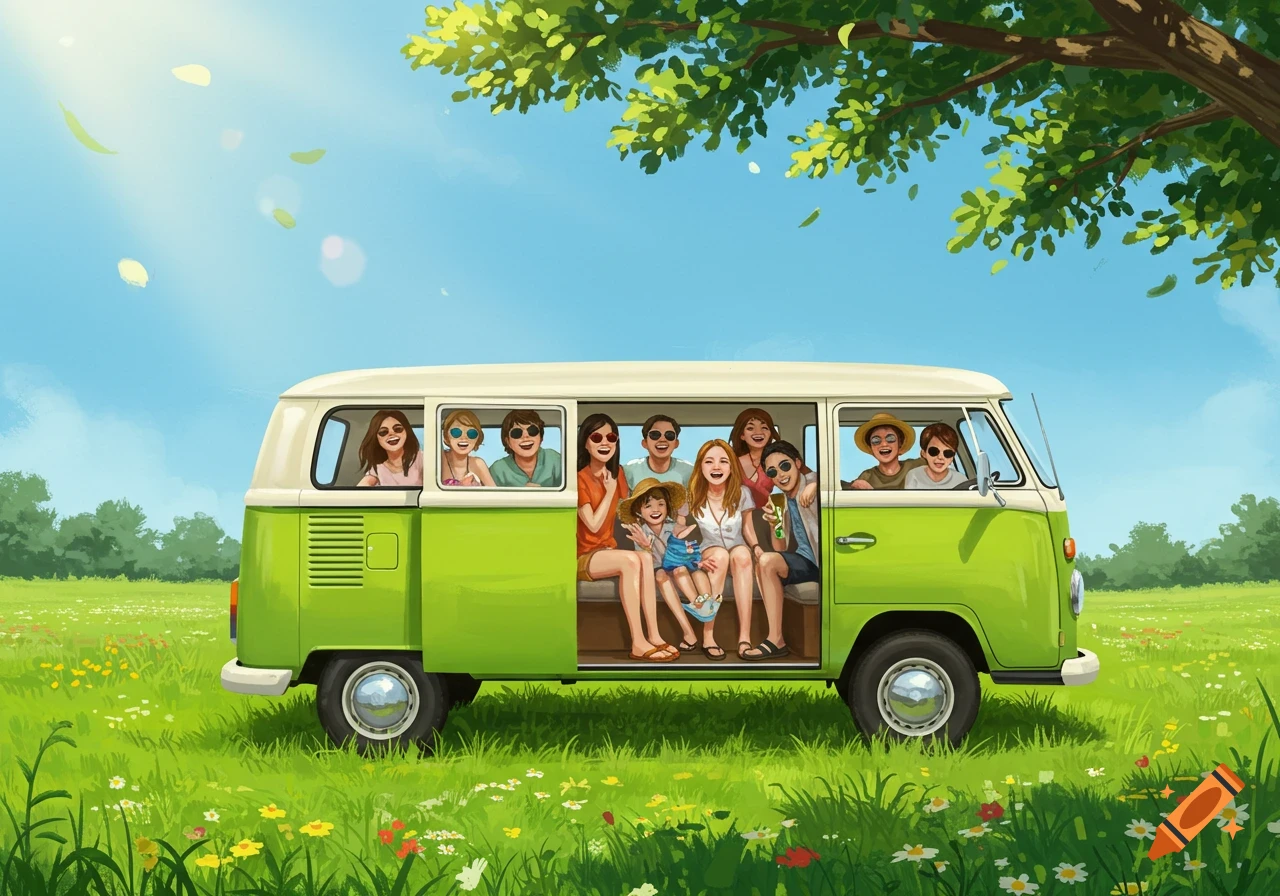 A cartoon illustration of a green microbus filled with smiling friends and a child, parked in a sunny, flowery field under a tree.