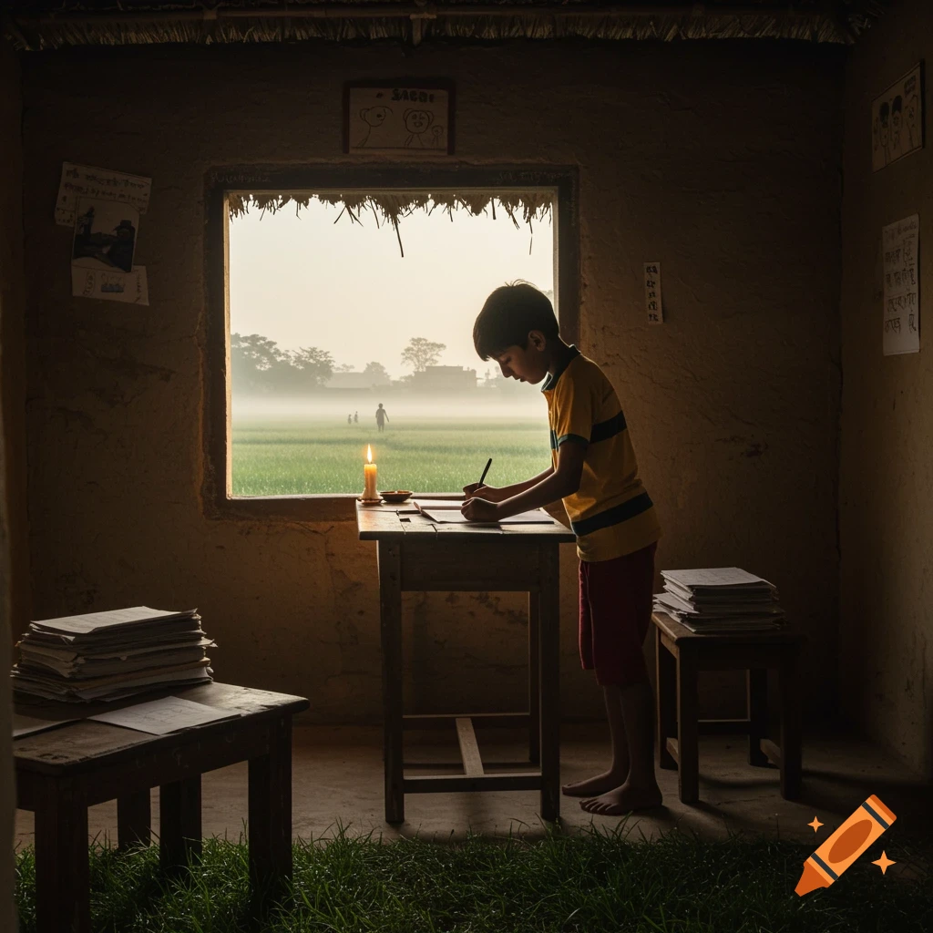 A young boy in a striped shirt studies by candlelight at a wooden desk in a simple, dark room. Outside, a misty green field with distant figures is visible through a window.