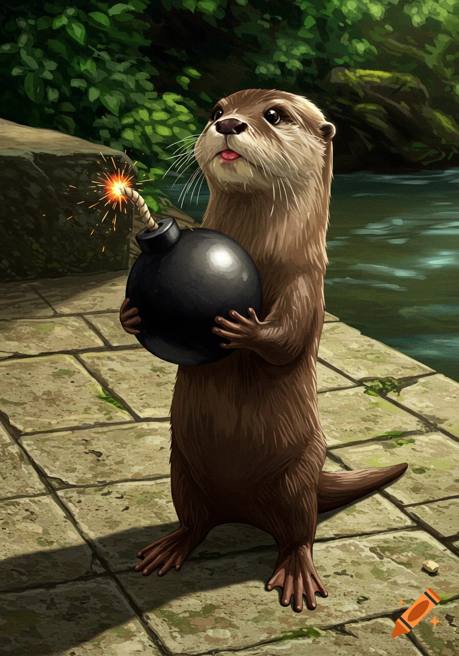 A cartoon otter stands on a stone path by a river, holding a black round bomb with a lit fuse.