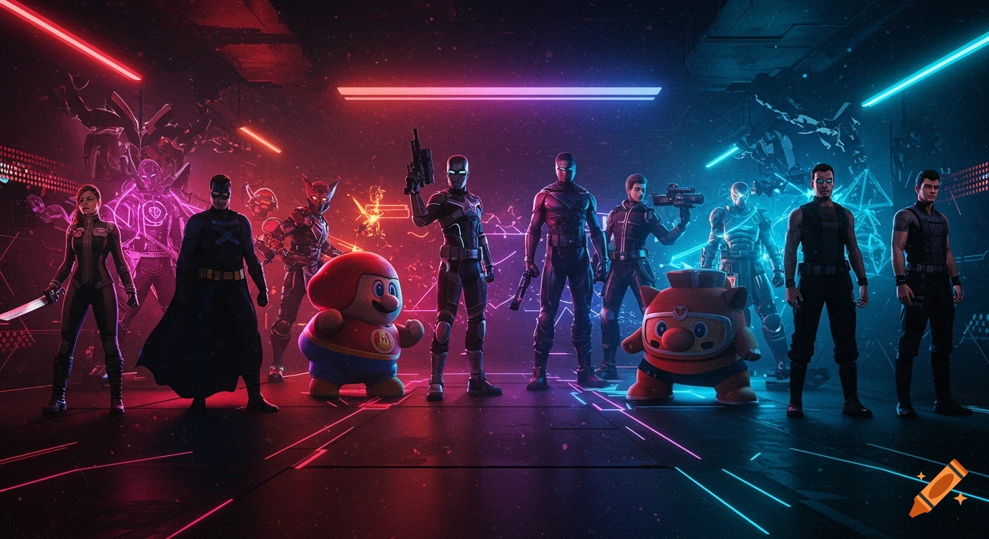 A diverse group of superhero-like and cartoon video game characters stand in a dark, neon-lit, futuristic room with red and blue lighting.