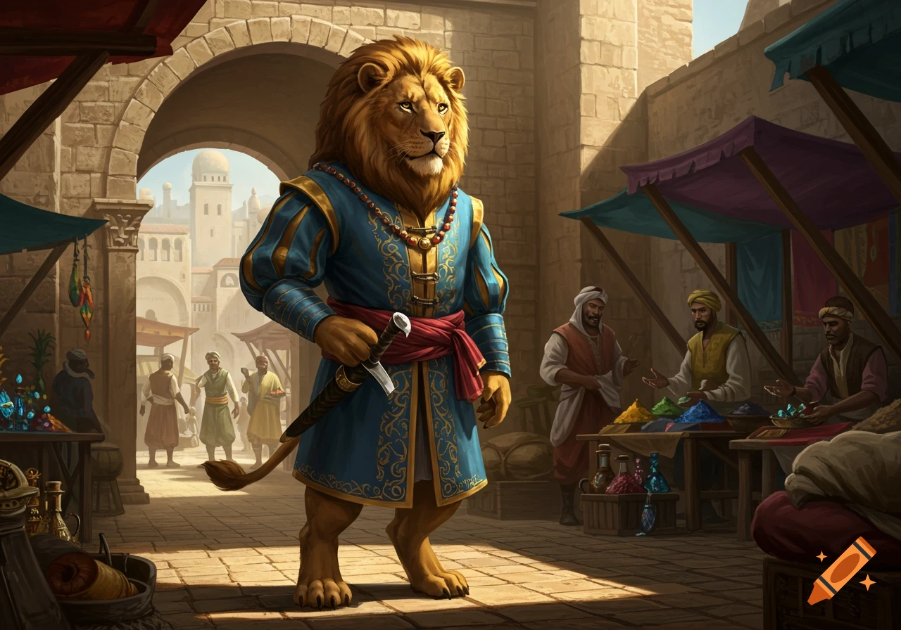 An anthropomorphic lion, dressed in a blue tunic and holding a sword, stands in a bustling, sunny market.