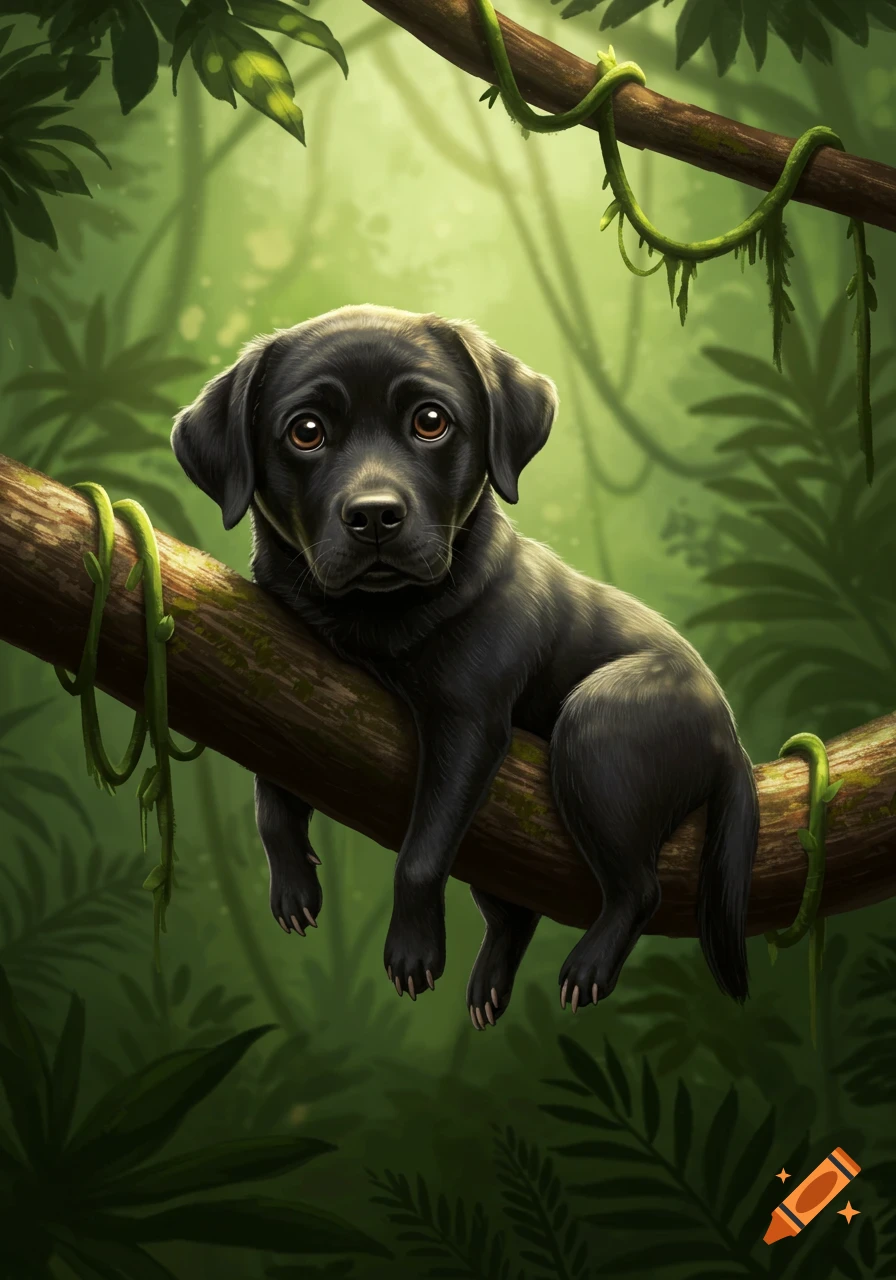 A cute black lab puppy with large eyes lies on a thick tree branch in a lush green jungle, illustrated style.