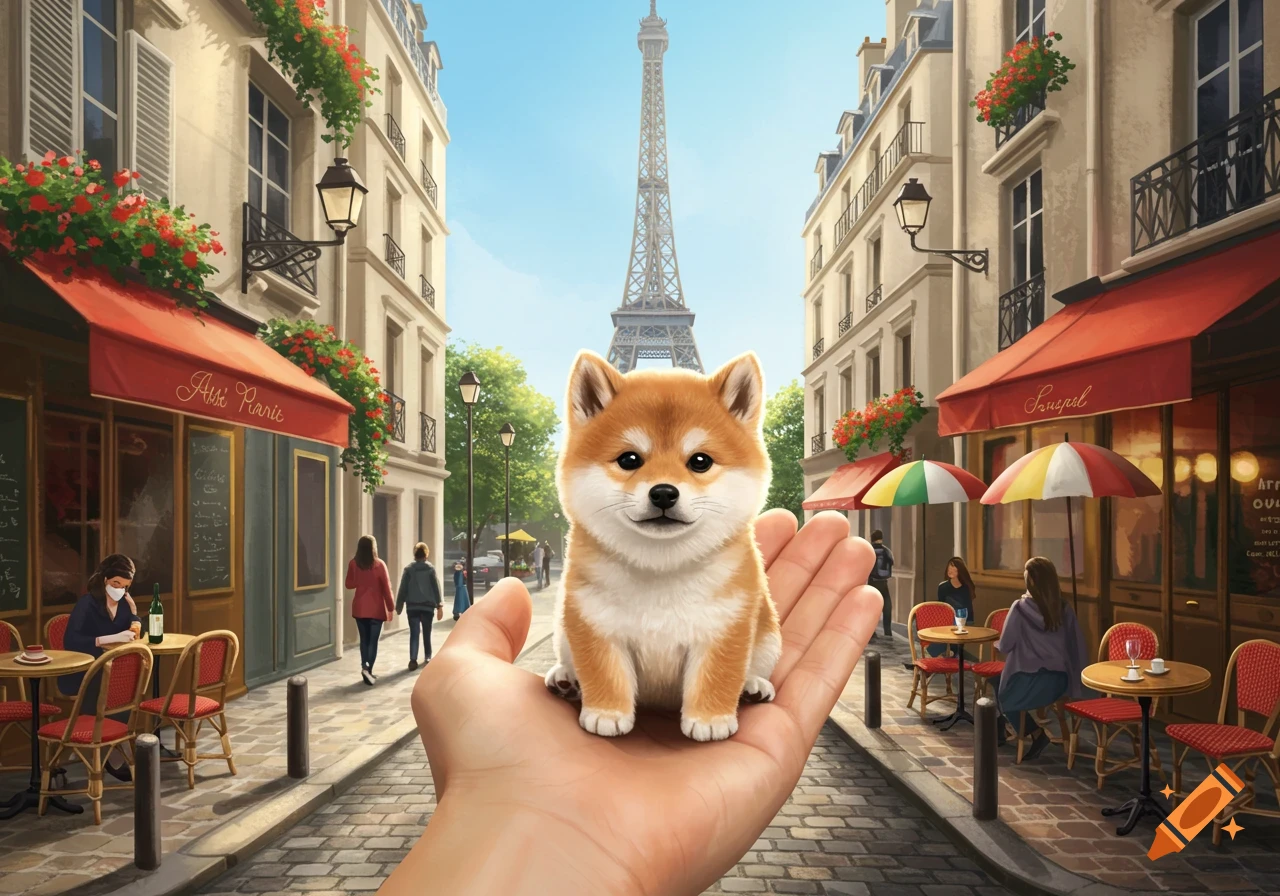 A tiny Shiba Inu puppy sits in a person's outstretched hand on a stylized street in Paris, with the Eiffel Tower in the background.
