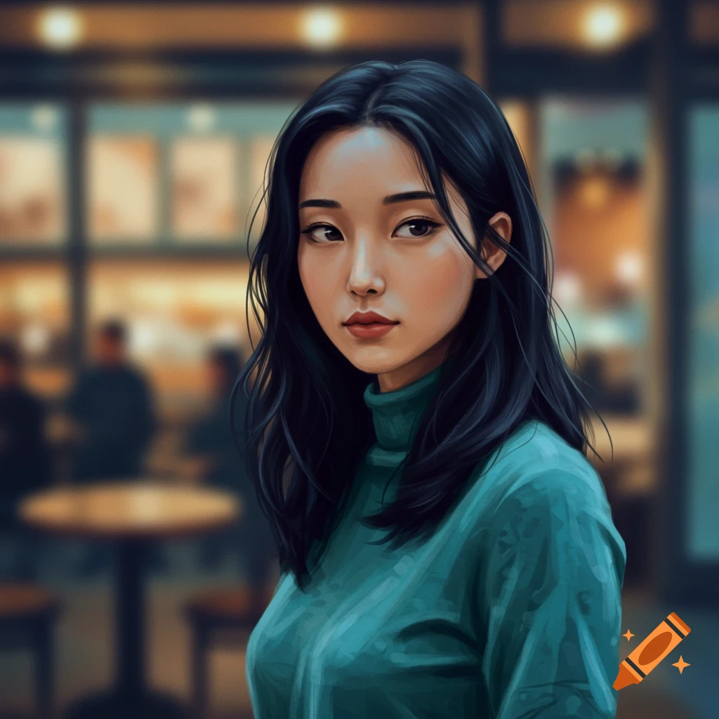 Digital art portrait of a young Asian woman with dark hair in a green turtleneck, looking thoughtfully to the side.