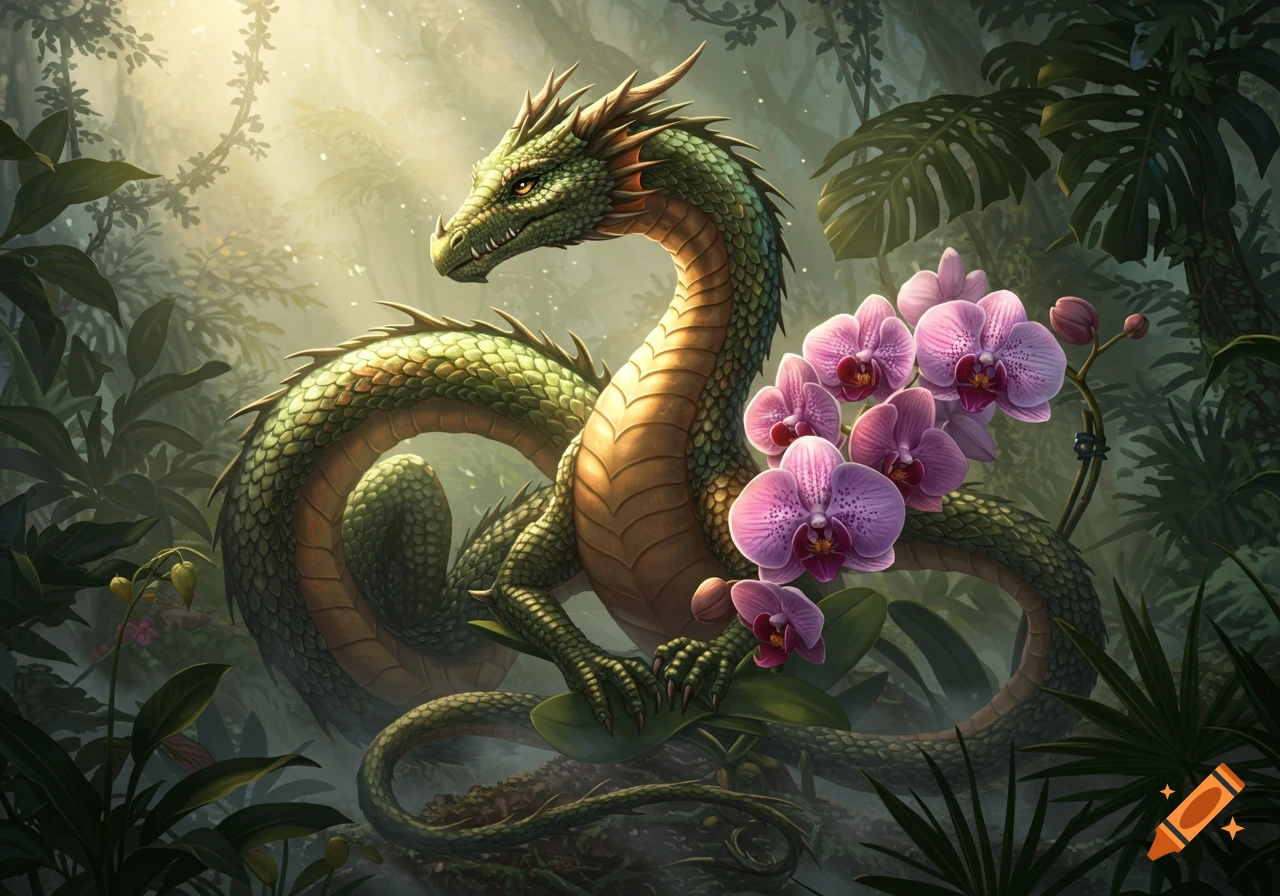 A majestic green and gold dragon is coiled around vibrant pink orchids in a lush, sun-dappled jungle.