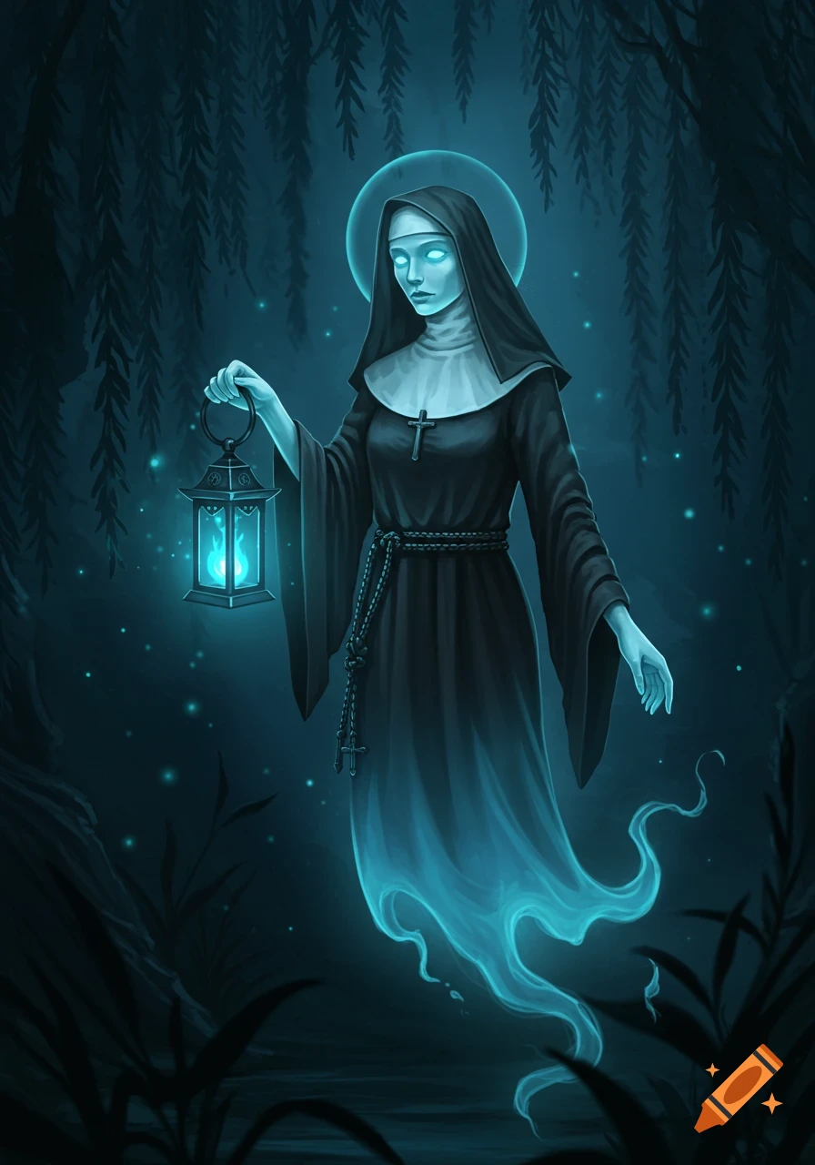 A ghostly nun, glowing blue, floats in a dark forest, holding a lantern with a blue flame. Digital character art.