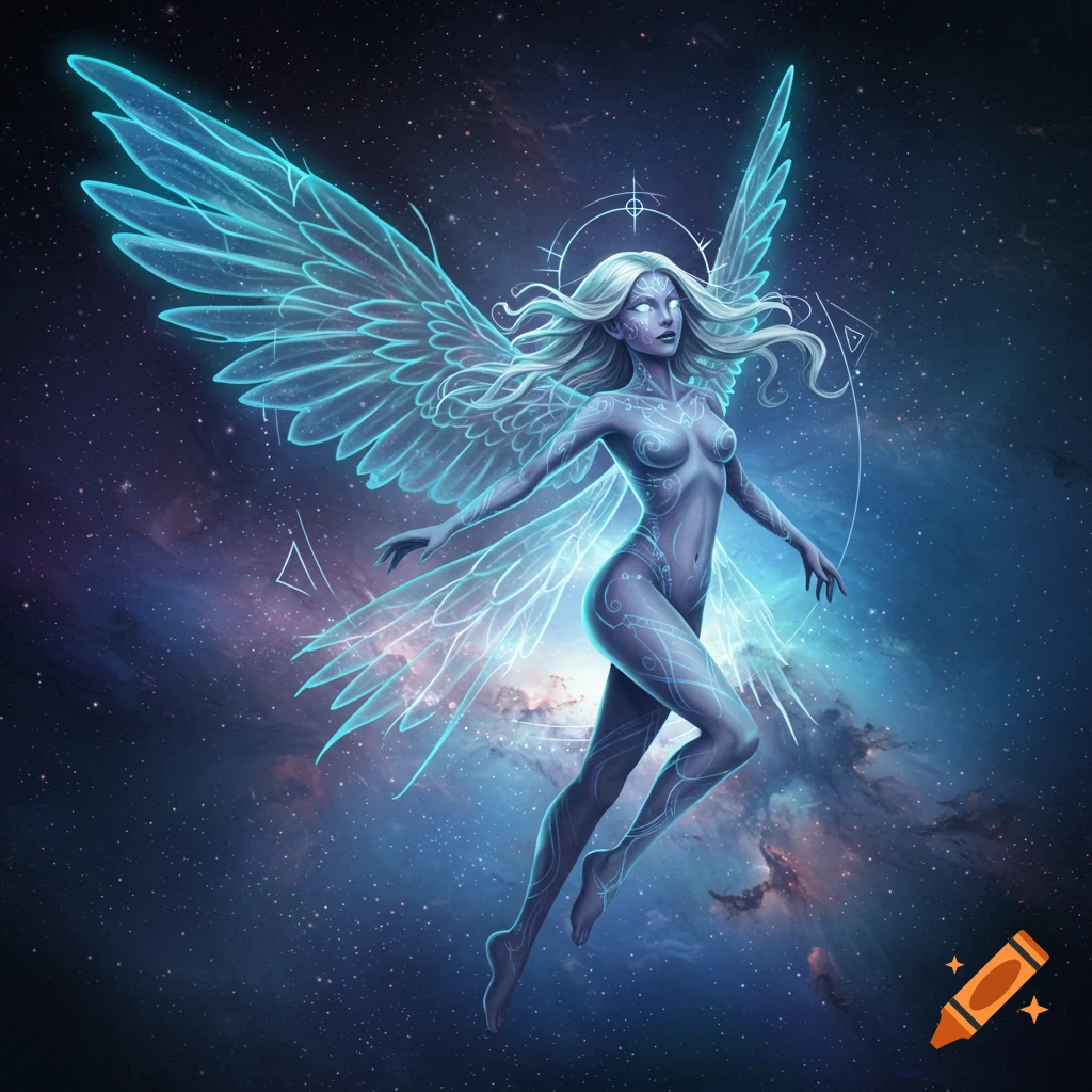 Ethereal glowing blue female sylph with transparent wings floats in a cosmic nebula, fantasy digital art.