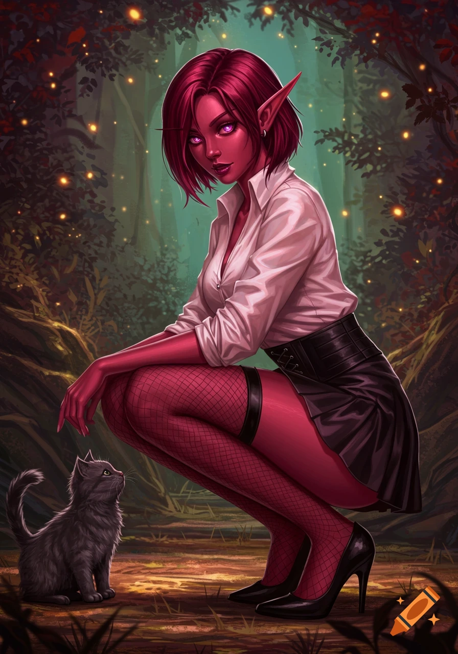 A crimson-skinned elf with short red hair and pink eyes squats in a magical forest, looking at a kitten, in a fantasy illustration.