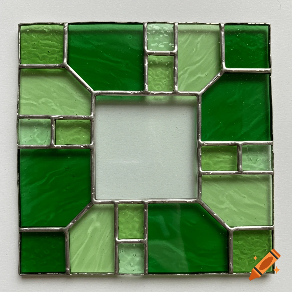 A square stained glass frame with a clear center surrounded by geometric pieces of light and dark green glass, joined by silver solder.