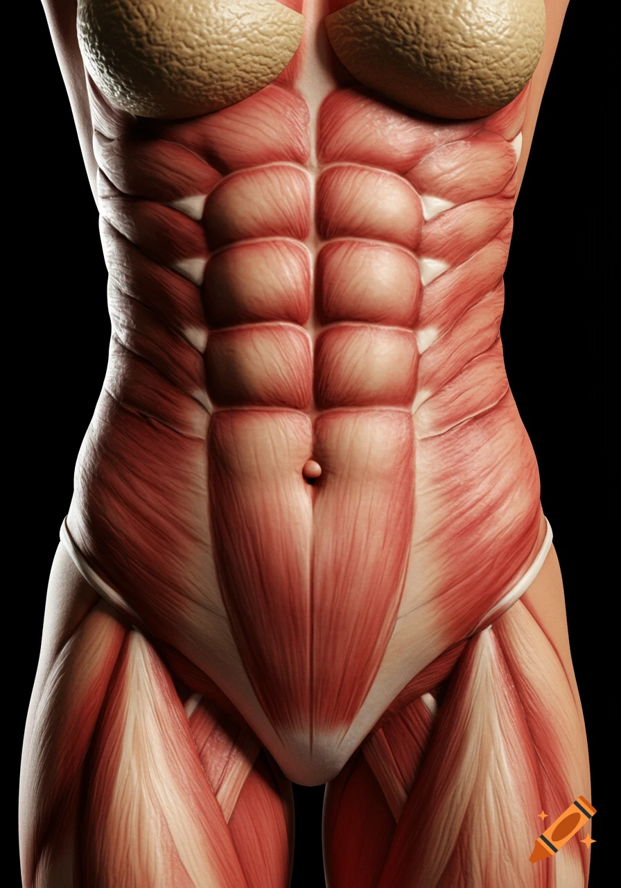 Hyper-realistic digital illustration of a woman's torso showcasing defined abdominal and thigh muscles with detailed anatomy.