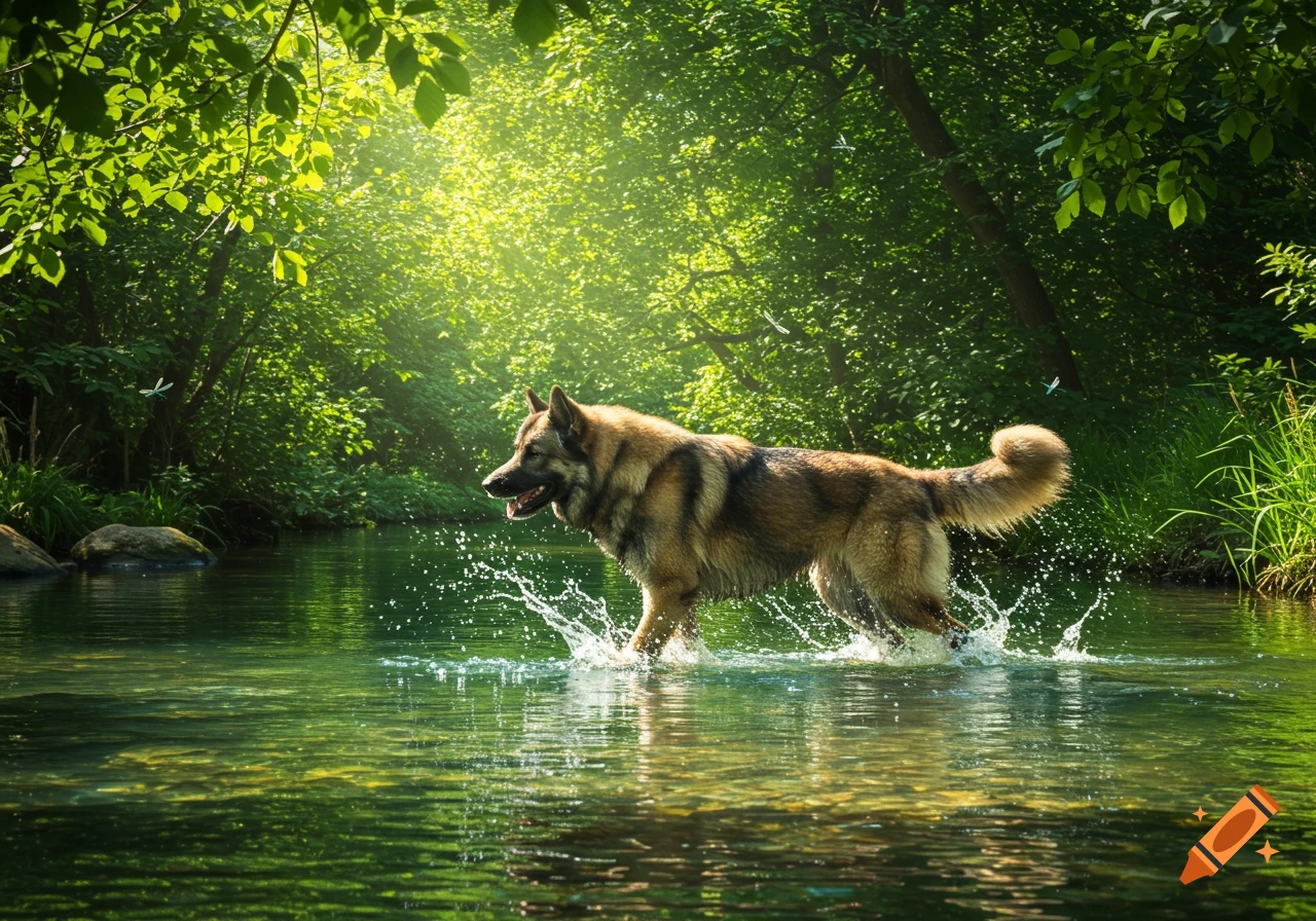 A photorealistic alsatian dog splashes through a sunlit river in a green forest.