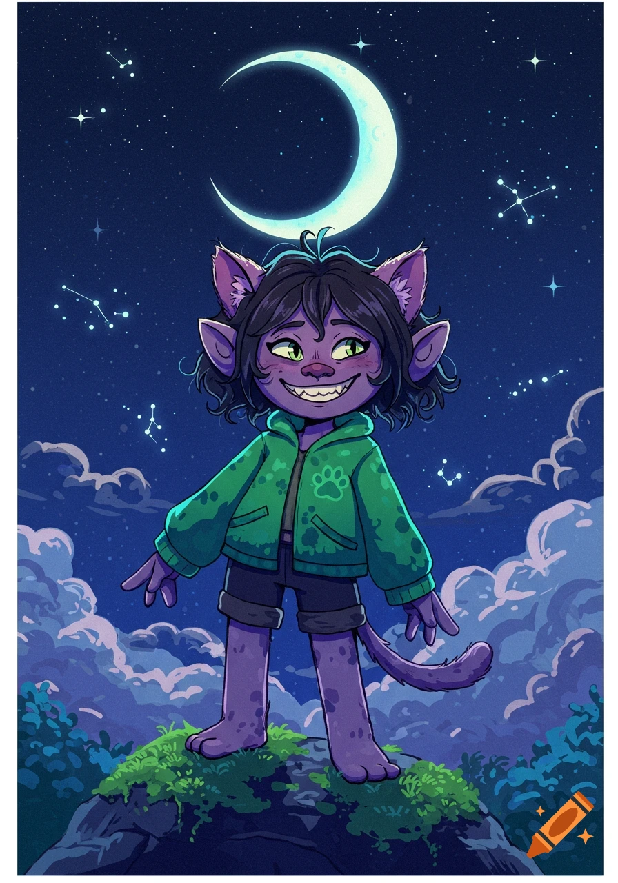 A purple cat-like character with green eyes and a green jacket featuring a paw print stands on a hill under a crescent moon and starry night sky, cartoon style.