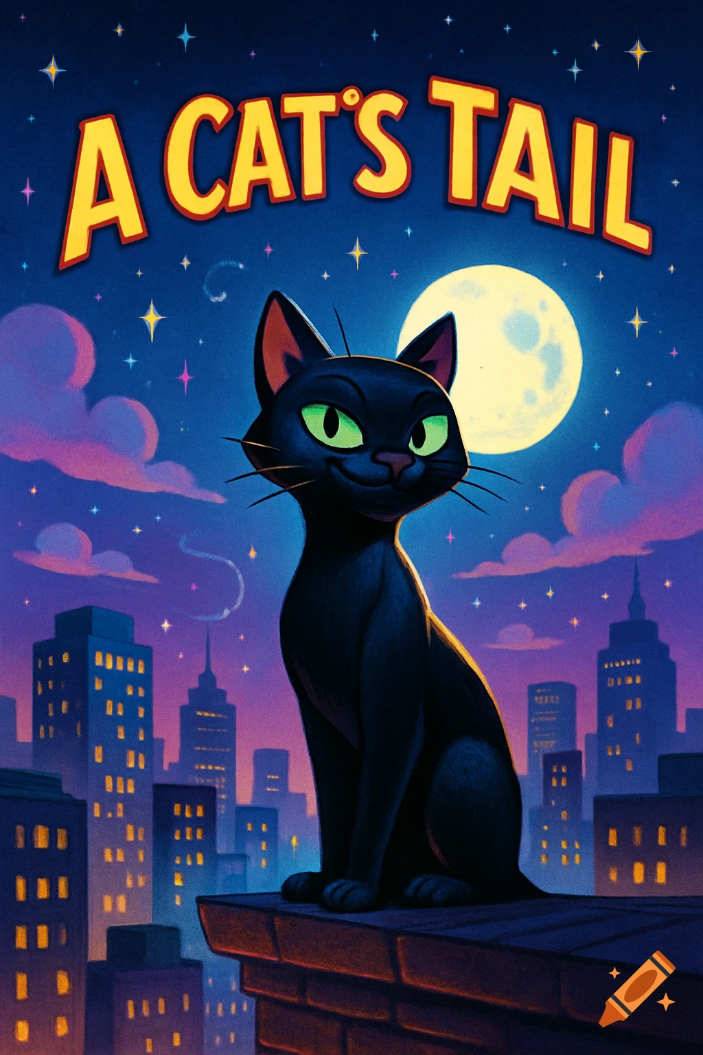 A cartoon movie poster features a black cat with green eyes sitting on a city rooftop at night under a full moon, with the title "A CAT'S TAIL" above.