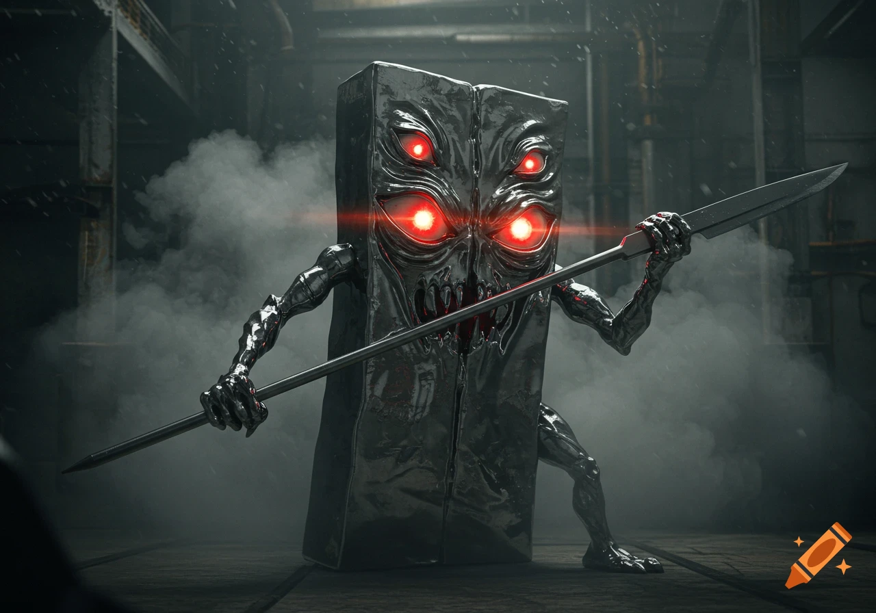 A metallic, block-like creature with four glowing red eyes and sinewy limbs stands in a smoky industrial setting, holding a sharp metal spear.