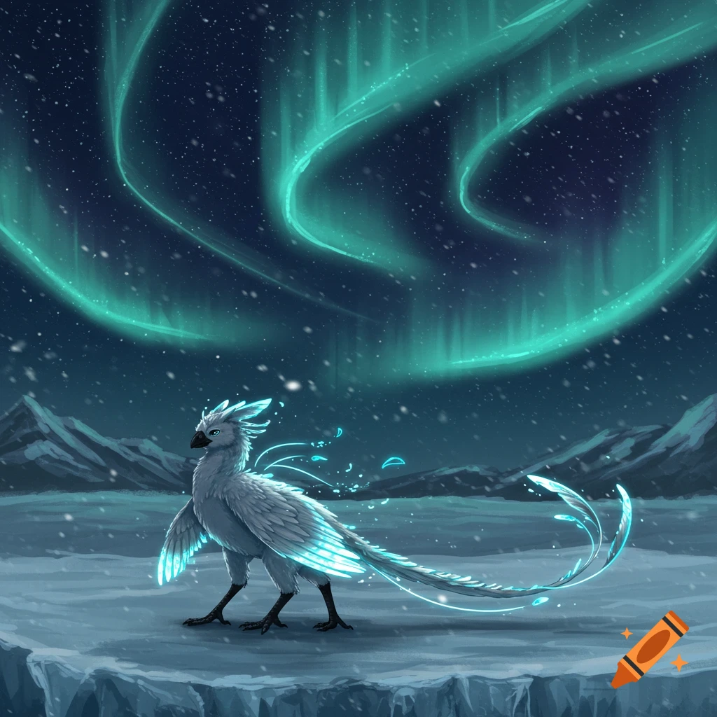 A white feathered bipedal creature with glowing blue markings stands on ice under a vibrant green aurora borealis in a snowy mountain landscape.