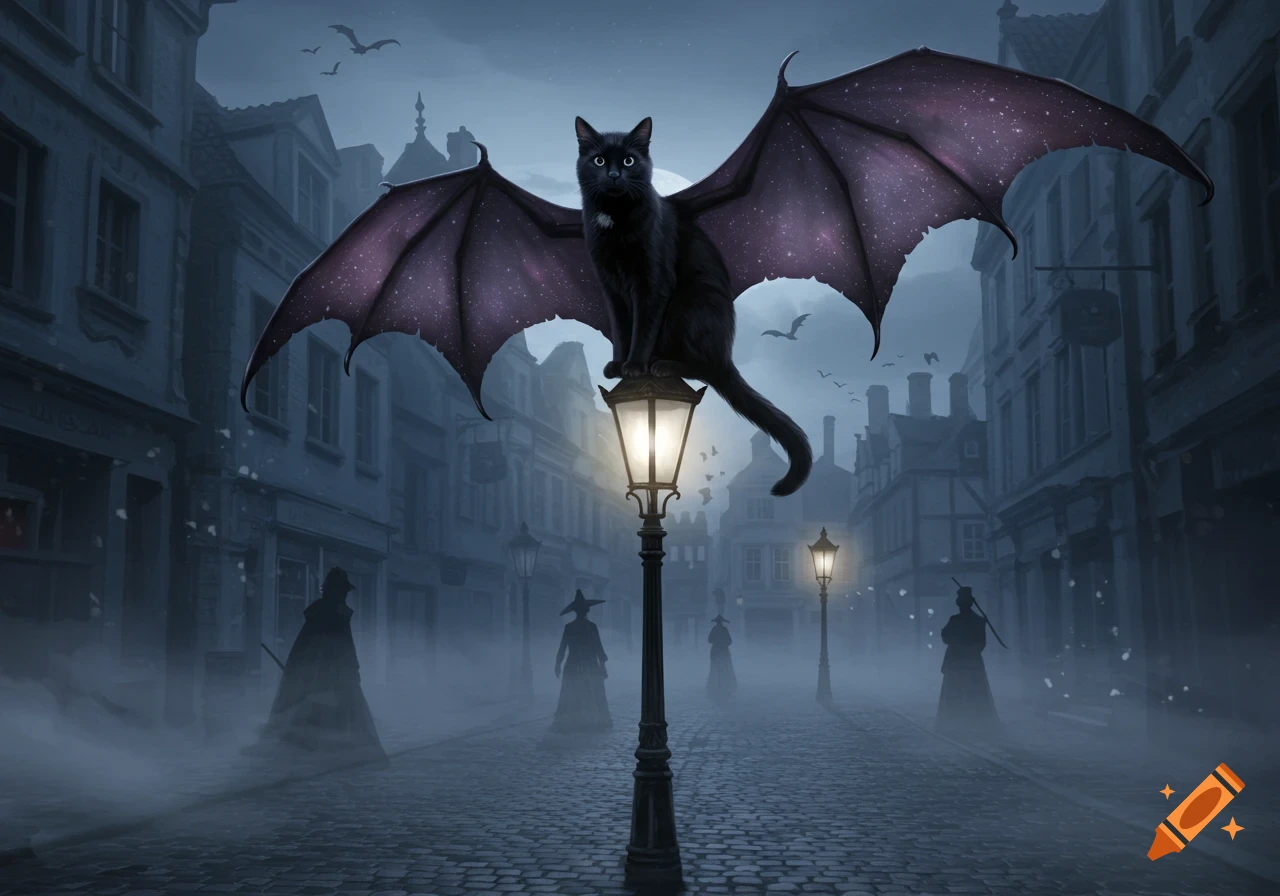 A black cat with large, dark bat wings perches on a lamppost in a foggy, gothic street with shadowy figures.