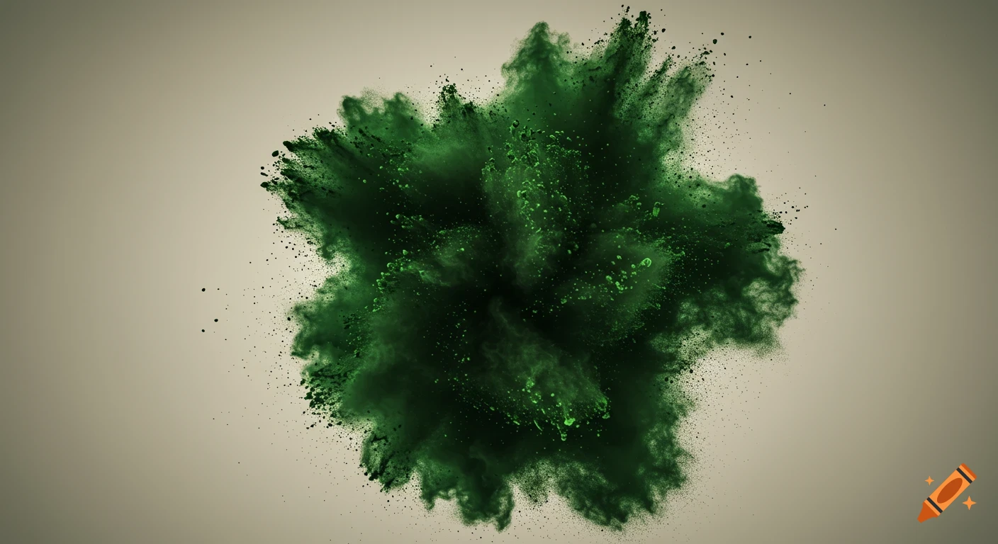 A vibrant cloud of dark green powder bursts against a muted light background.