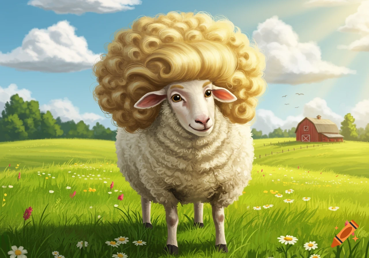 An illustrated sheep with a large, blonde, curly hairstyle stands in a green field with wildflowers, a red barn in the background.