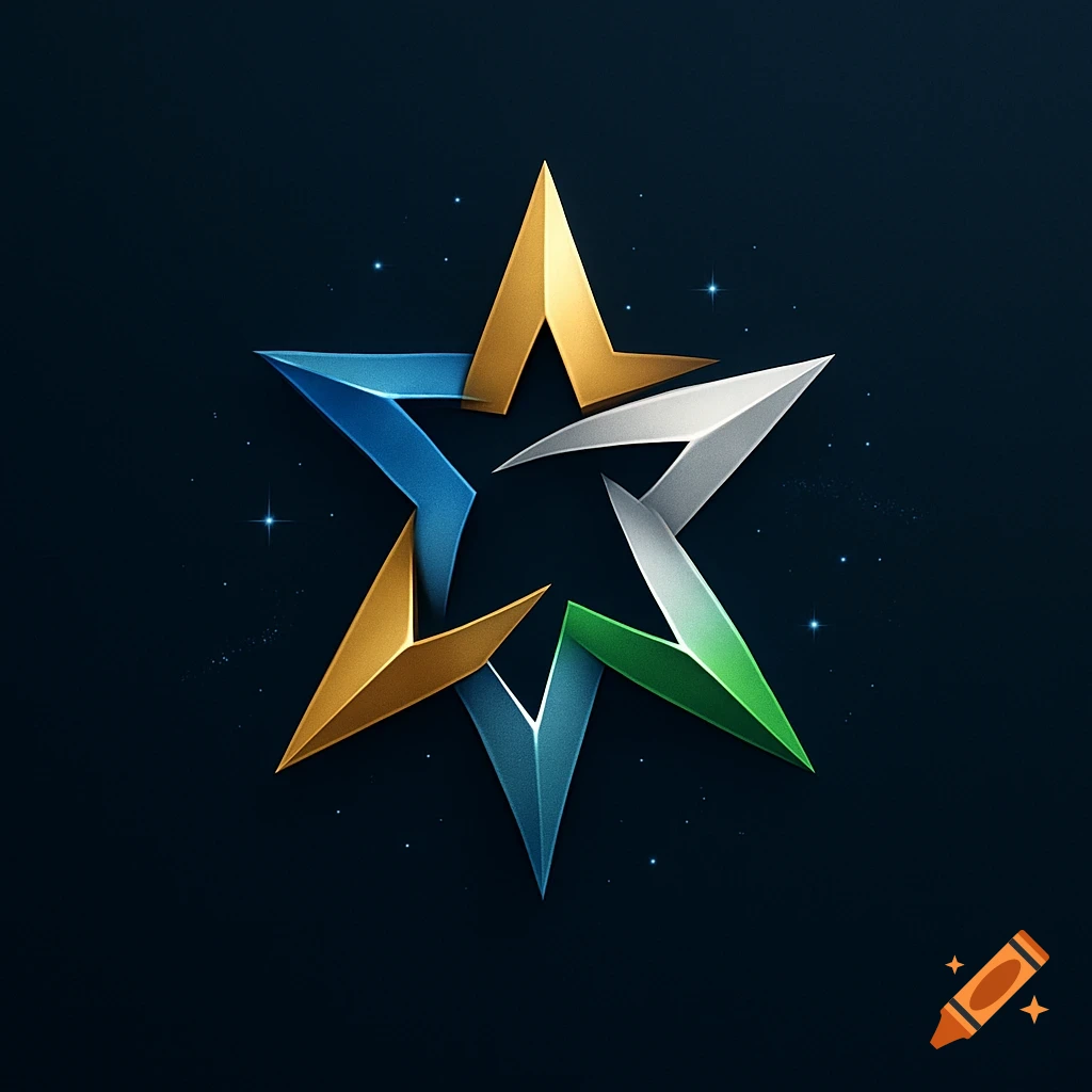 A stylized multi-pointed star logo made of gold, blue, silver, and green metallic segments on a dark, starry background.