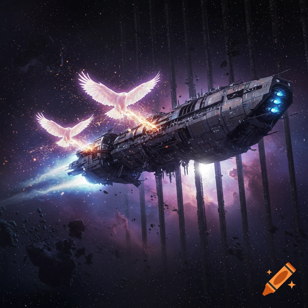 Detailed sci-fi spaceship in space with two glowing white eagles, flying past large dark vertical structures and debris.