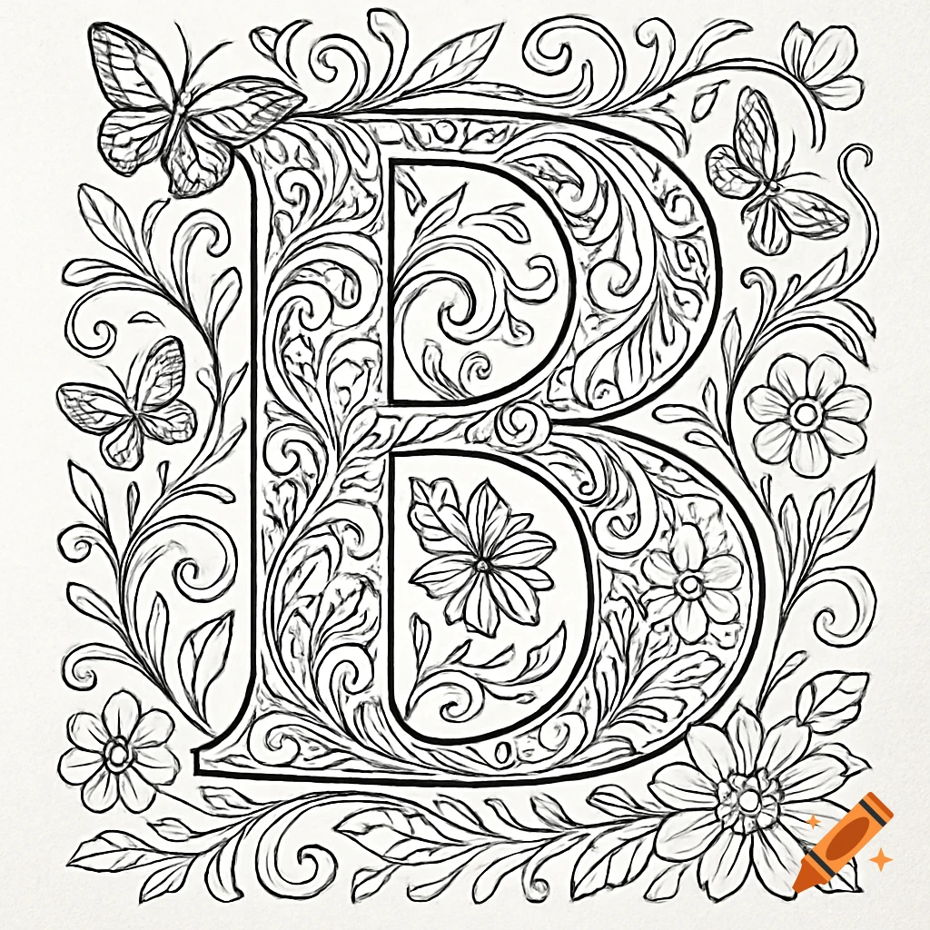 Ornate black and white capital letter B adorned with intricate floral patterns and butterflies, suitable for a coloring page.