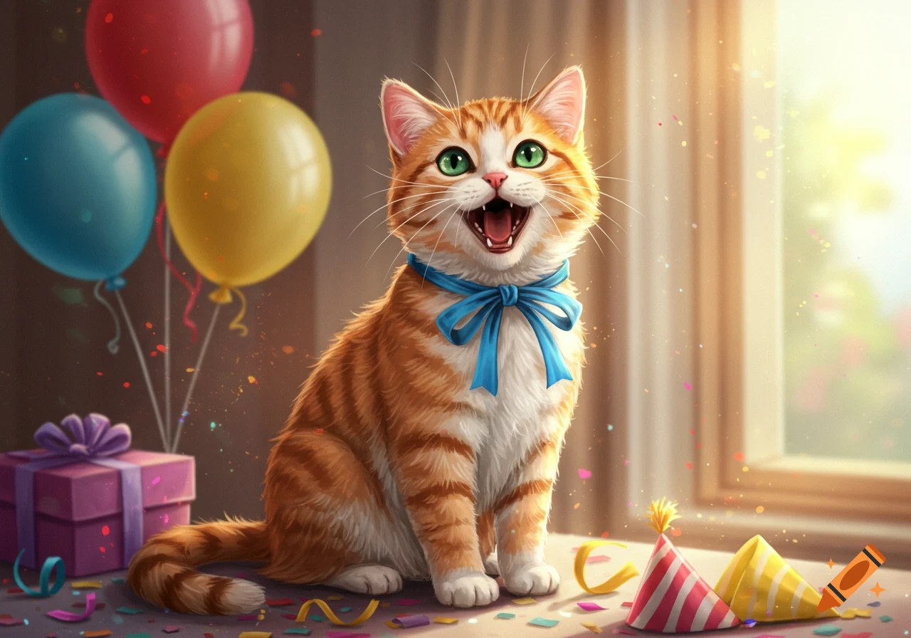 A happy orange tabby cat with a blue bow sits among balloons, a gift, and party hats, with confetti scattered around.