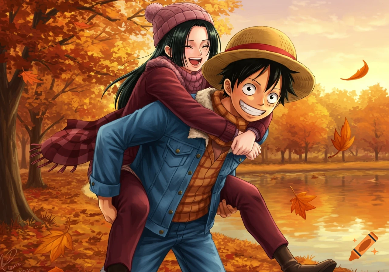 Anime characters Luffy and Hancock smile as Luffy gives her a piggyback ride through a vibrant autumn forest by a lake.