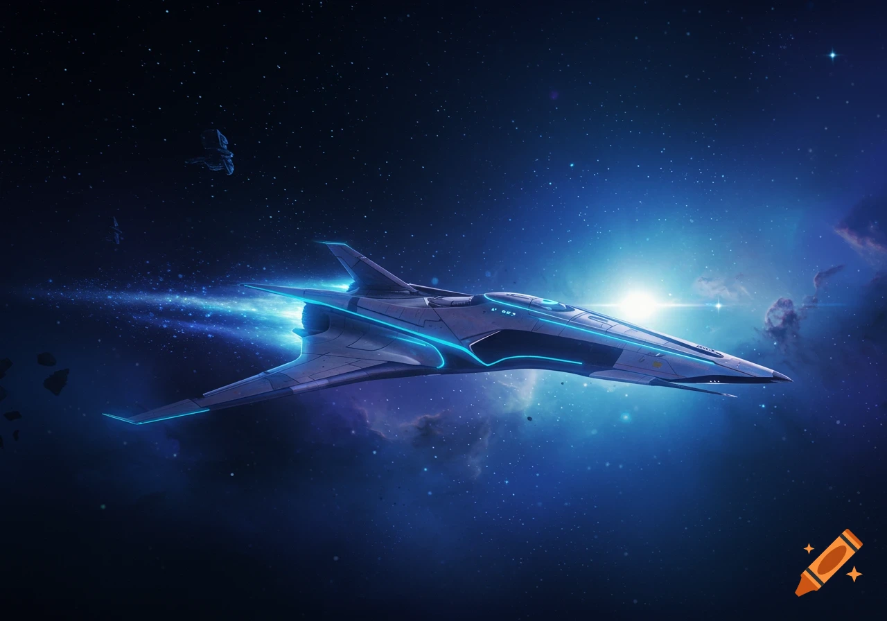 A sleek, futuristic spaceship with blue glowing accents speeds through dark, star-filled space with a bright nebula in the background.