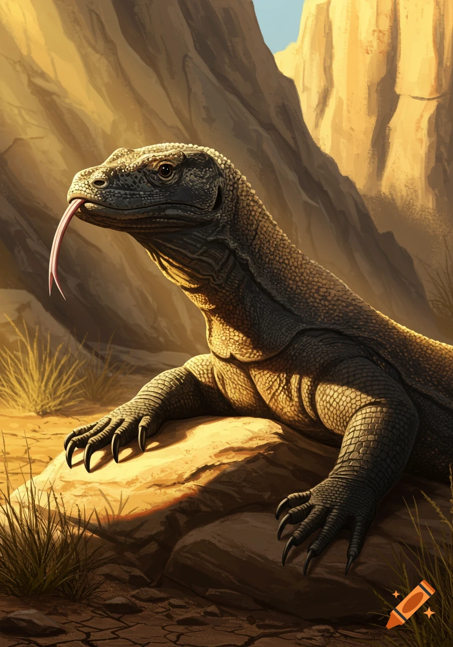 A large, detailed Komodo dragon with its tongue flicking out, rests on a rock in a sunny, arid, rocky landscape.