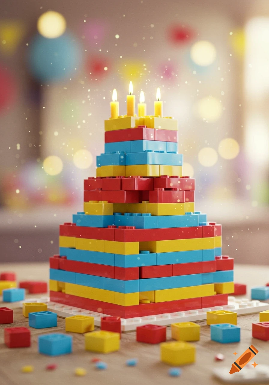 A tiered birthday cake made of red, blue, and yellow Lego bricks with four lit candles, surrounded by loose bricks and bokeh lights.