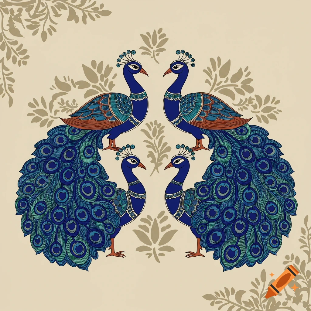 Four blue and green peacocks with ornate tails in a symmetrical Madhubani art style, against a light background with floral patterns.