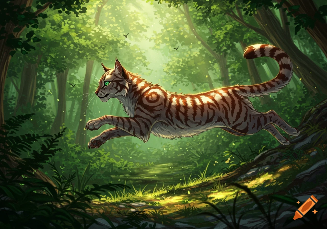 A stylized drawing of a striped cat with green eyes leaping through a sunlit, lush green forest.