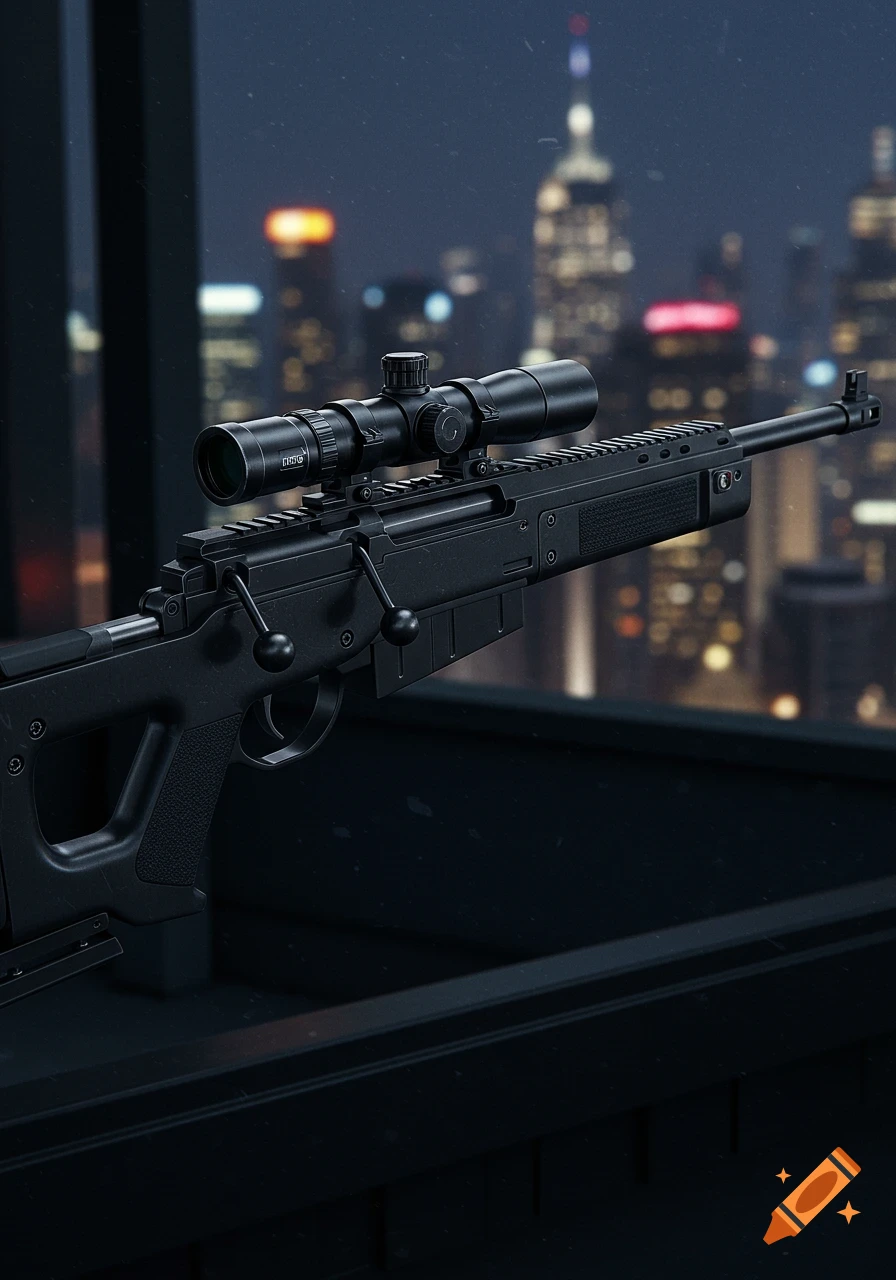 A black sniper rifle with a scope rests on a ledge, overlooking a blurry, lit-up cityscape at night. Photorealistic.