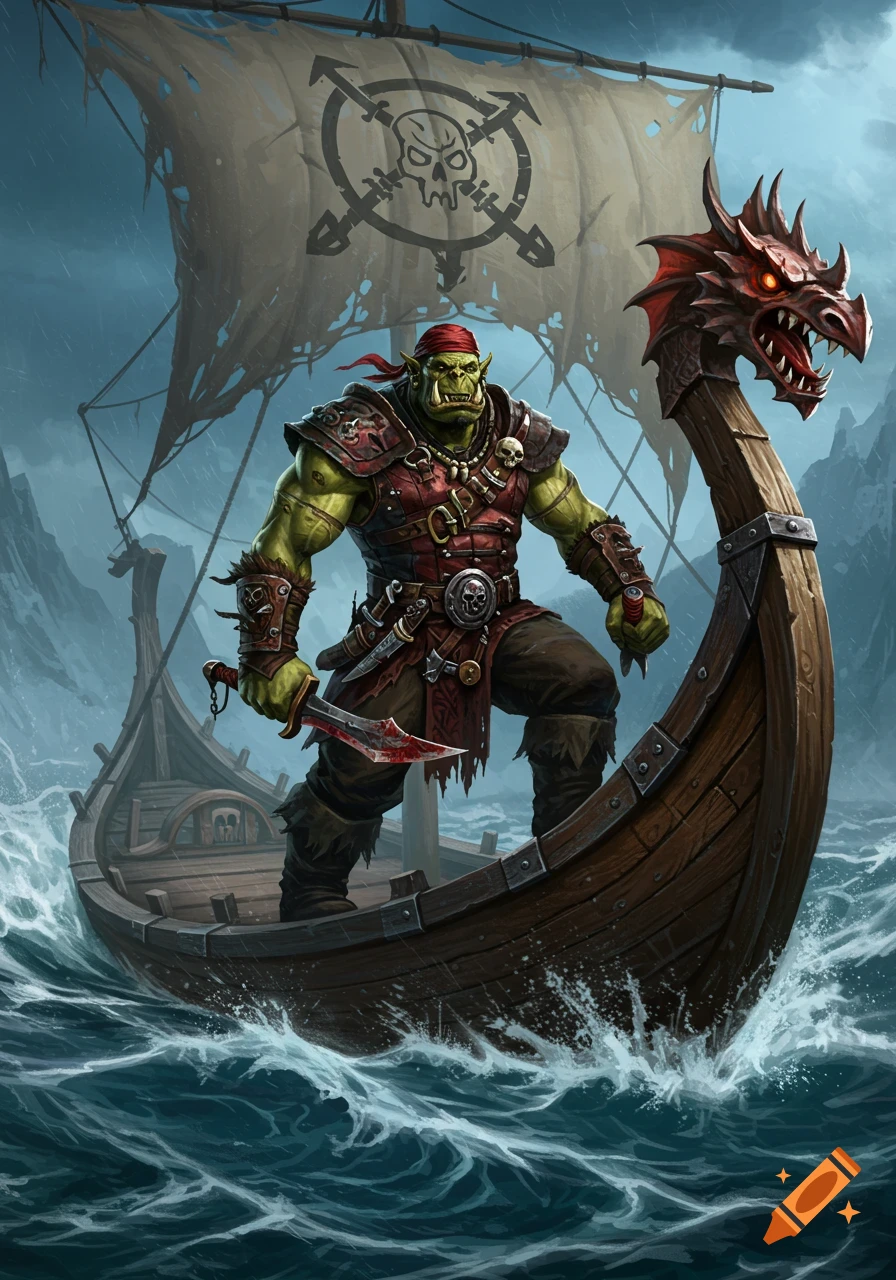 An imposing green-skinned orc pirate in armor stands on a Viking longship with a dragon head prow, holding a bloody knife amidst stormy seas.