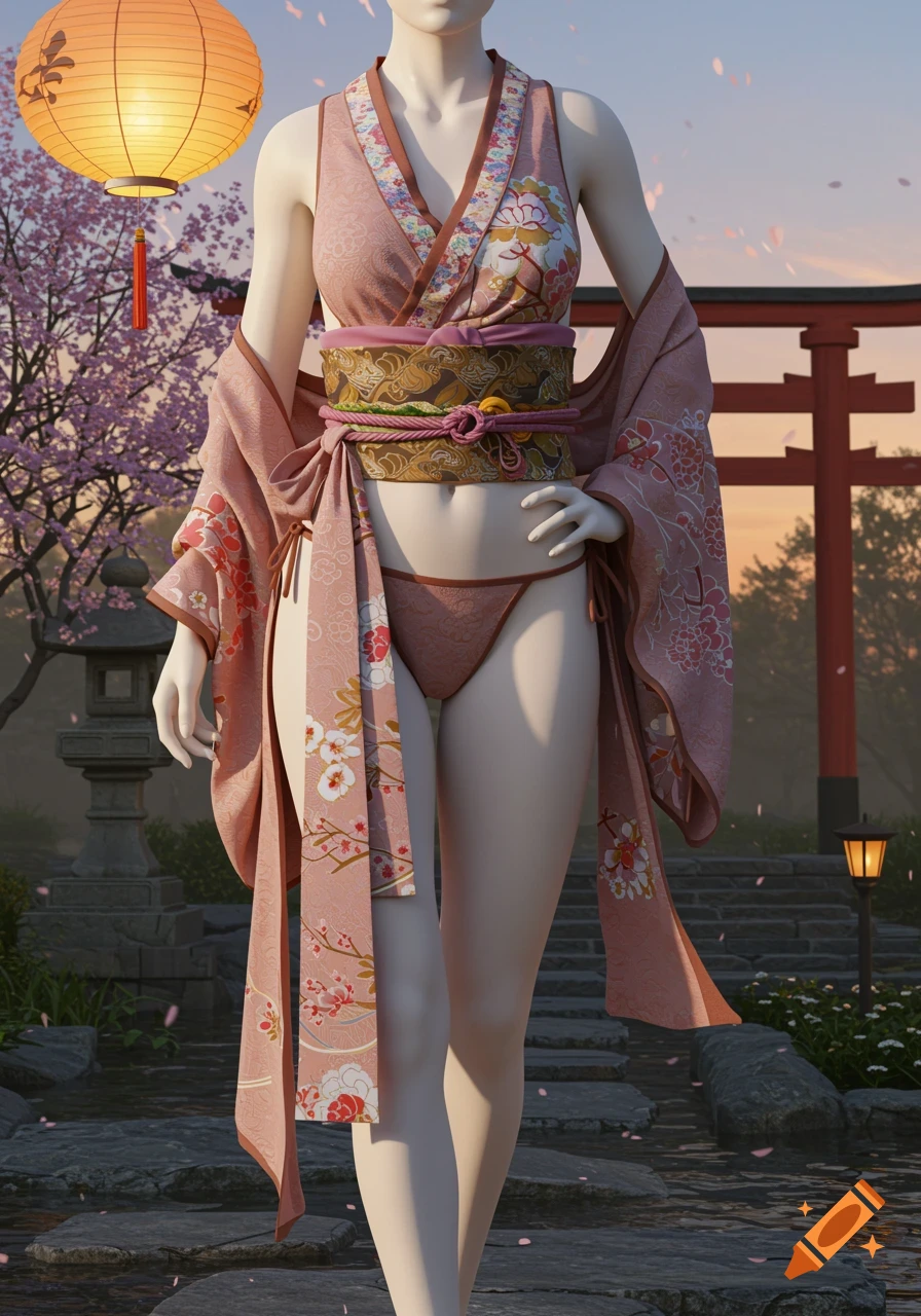 A 3D rendered mannequin in a pink, partially opened kimono and bikini bottom stands among cherry blossoms and a Japanese lantern.
