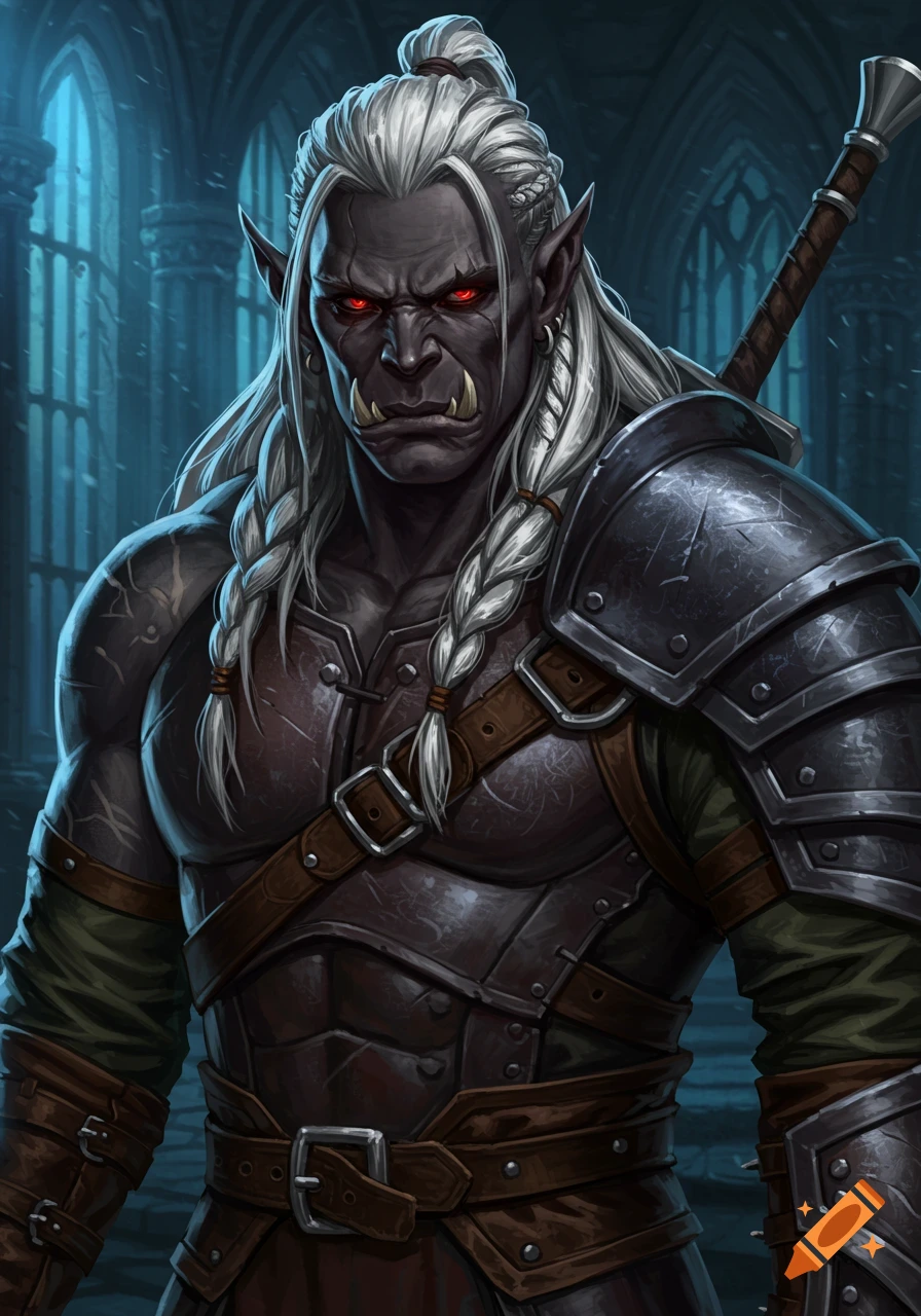 Stern-faced half-orc character with dark grey skin, white braided hair, red eyes, and dark leather armor, set in a gothic background.
