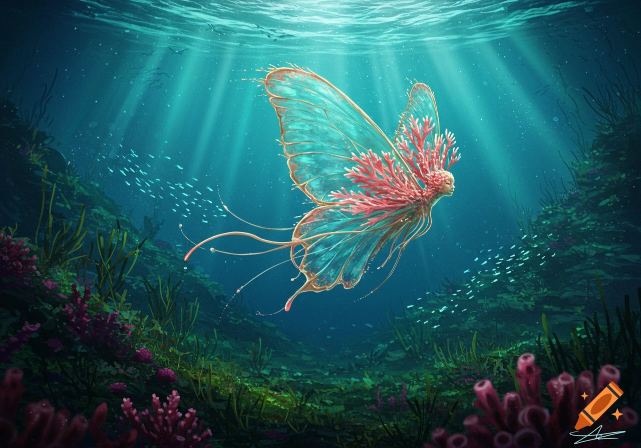 A glowing coral butterfly-like creature with translucent wings swims in a sunlit underwater reef with schooling fish. Digital art.