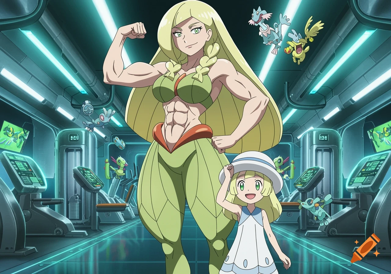 Lillie's muscular mother flexes her bicep in a futuristic gym while her daughter Lillie stands beside her, in anime style.