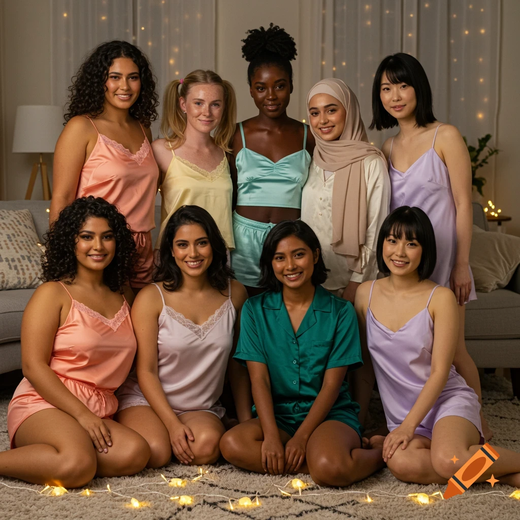 Eight diverse women in colorful satin pajamas kneeling and standing in a cozy living room with fairy lights, smiling at the camera.